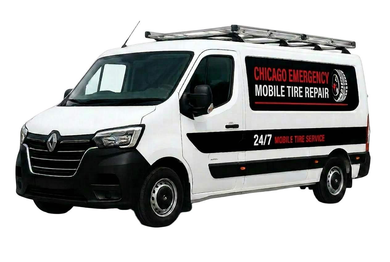 Red and white Chicago Emergency Mobile Tire Repair service van