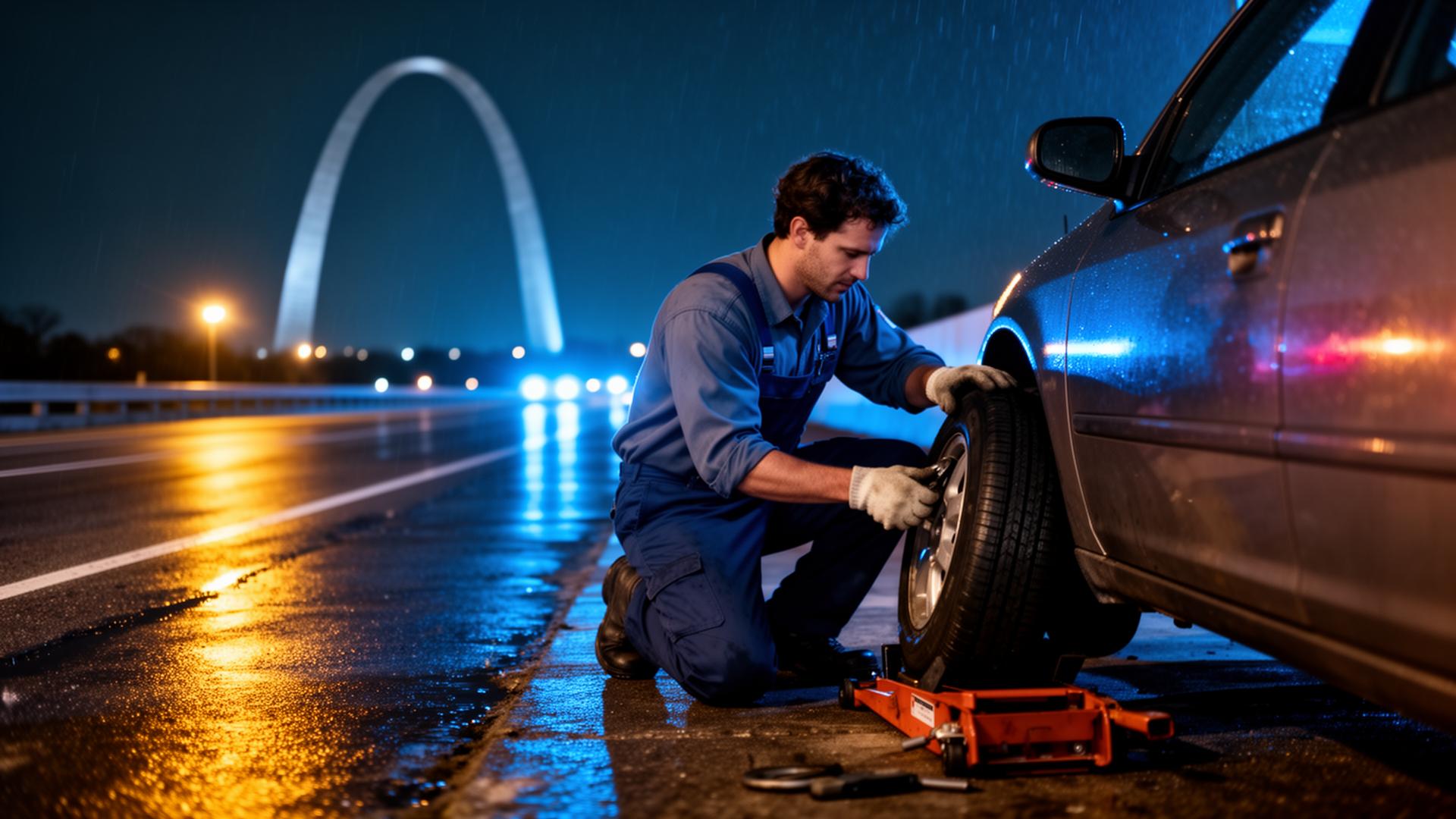 Roadside technician changing a flat tire at night in Boise