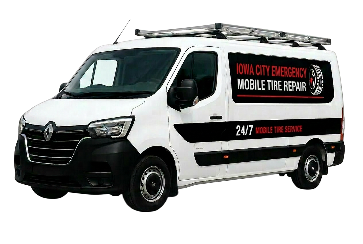 Red and white Iowa City Emergency Mobile Tire Repair service van
