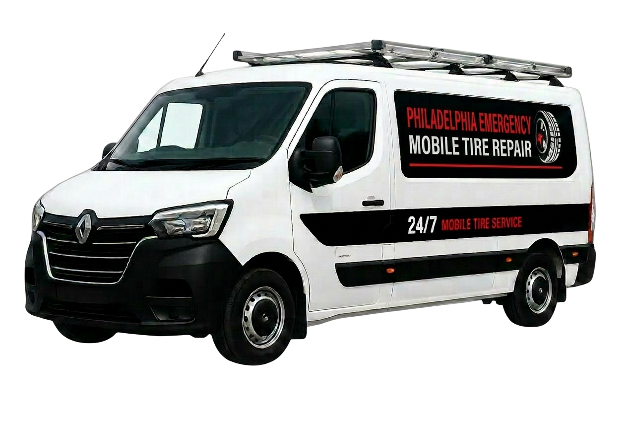 Red and white Philadelphia Emergency Mobile Tire Repair service van